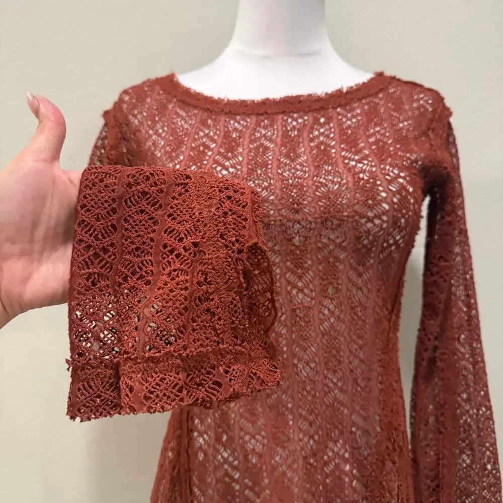 Free People Rust Orange Crochet Lace Sheer Long Sleeve Top Small Boho Festival